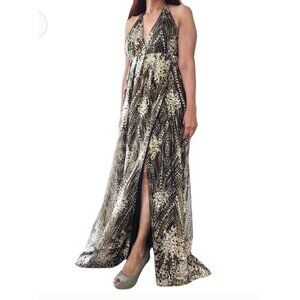 Hello Molly Gold & Black Halter Maxi Dress size 6 Sequined  Formal Gown